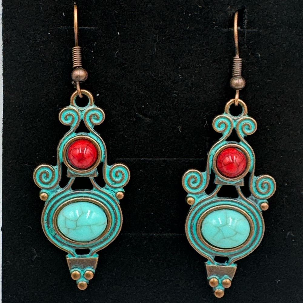 New Teal and Red Romanesque Scroll Design Fashion Dangle Earrings
